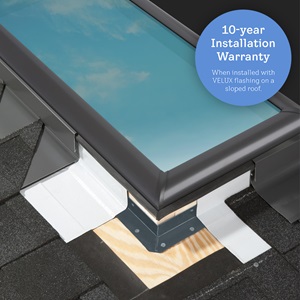 A visual of a VELUX Skylight System showing part of the flashing and a badge about the 10-year warranty